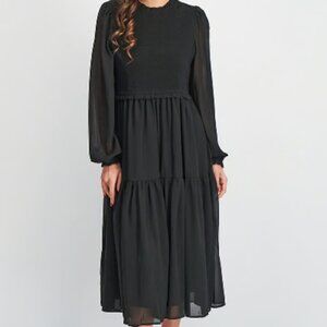 Forever 21 - S  Women Smocked Long Sleeve Midi Dress, Black